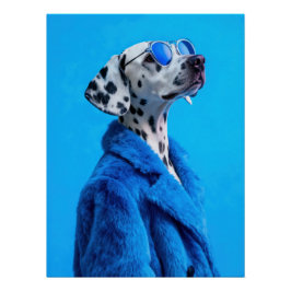Stylish Dalmatian Dog Portrait in Blue Fur Coat Poster