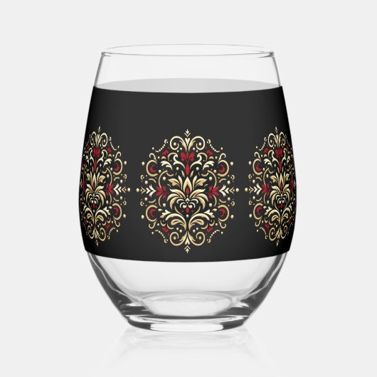 Stylish Damask Black Red Gold Pattern Weinglas Ohne Stiel (Vorderseite)