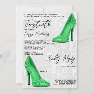 Stylish Damask, Green Stilettos 40. Geburtstag Einladung