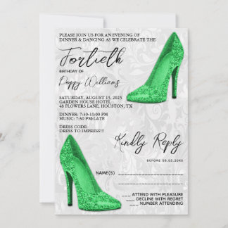 Stylish Damask, Green Stilettos 40. Geburtstag Einladung