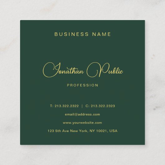 Stylish Dark Green Gold Text Typography Glossy Quadratische Visitenkarte (Rückseite)