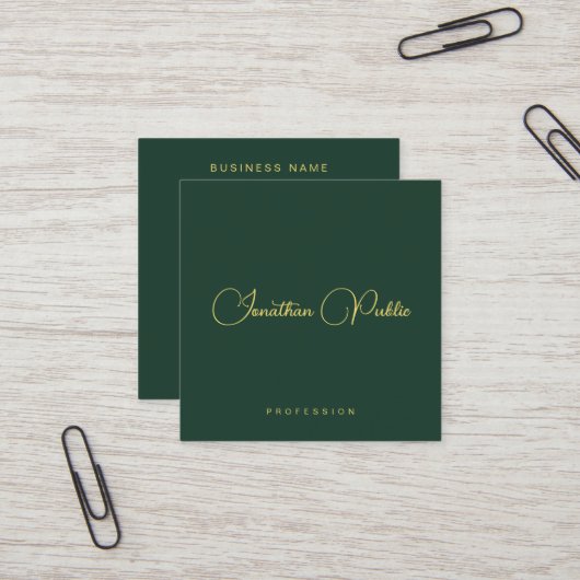 Stylish Dark Green Gold Text Typography Glossy Quadratische Visitenkarte (Vorderseite/Rückseite Beispiel)