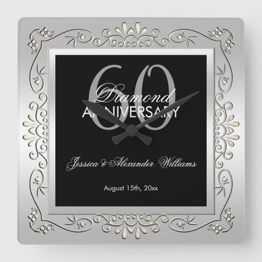 Stylish Decorative Silver 60th Wedding Anniversary Quadratische Wanduhr (Vorderseite)