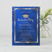 Stylish Diamonds Gold Grad Cap Blue Metallic Einladung (Stehend Vorderseite)