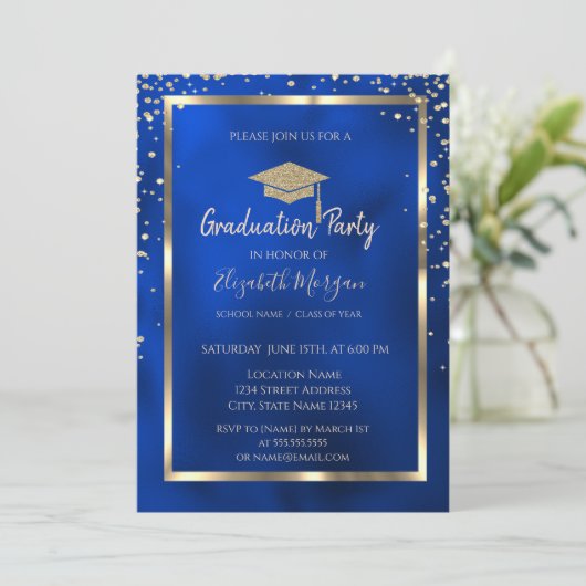 Stylish Diamonds Gold Grad Cap Blue Metallic Einladung (Stehend Vorderseite)