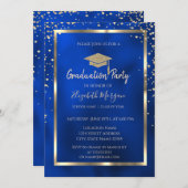 Stylish Diamonds Gold Grad Cap Blue Metallic Einladung (Vorne/Hinten)