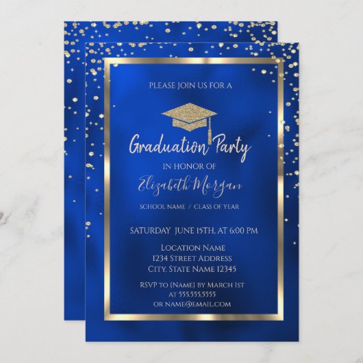 Stylish Diamonds Gold Grad Cap Blue Metallic Einladung (Vorne/Hinten)