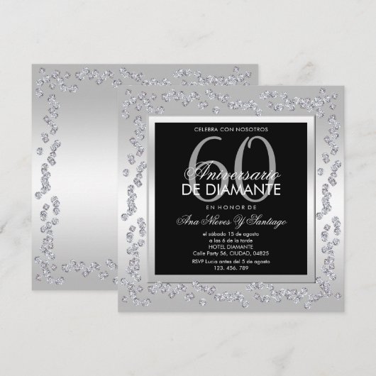 Stylish Diamonds Silver 60th Wedding Anniversary Einladung (Vorne/Hinten)