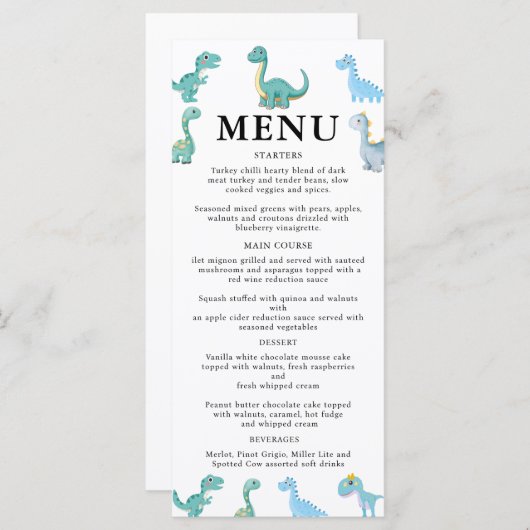 Stylish Dinosaur Baby Shower White Menükarte (Vorne/Hinten)