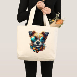 Stylish Dog With Glasses Colorful Modern Pet Art Jumbo Stoffbeutel