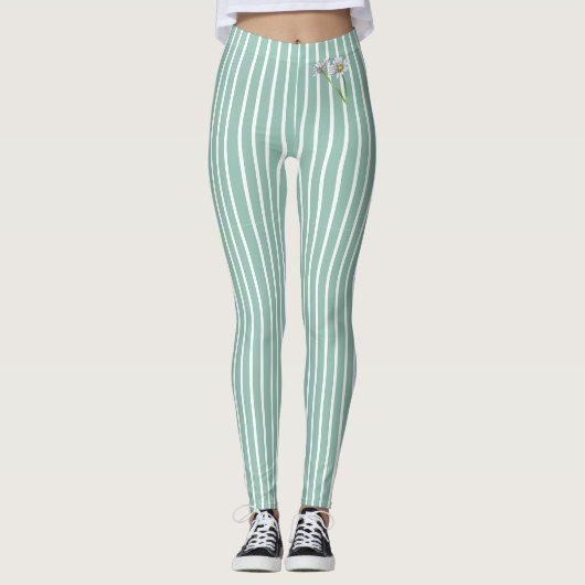 Stylish Duck Egg Blue Striped Watercolor Daisy  Leggings (Vorderseite)