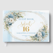 Stylish Dusty Blue Floral Gold Sweet 16th Guest Gästebuch (Vorderseite)