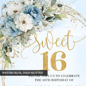 Stylish Dusty Blue Floral Gold Sweet 16th Invite Einladung