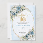 Stylish Dusty Blue Floral Gold Sweet 16th Invite Einladung (Vorderseite)
