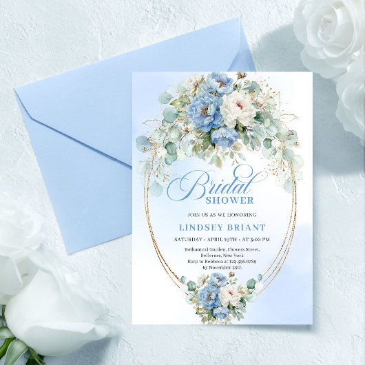 Stylish Dusty Blue Flowers Greenery Bridal Shower Einladung