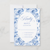 Stylish Dusty Blue Toile Roses Wedding RSVP Card (Vorderseite)