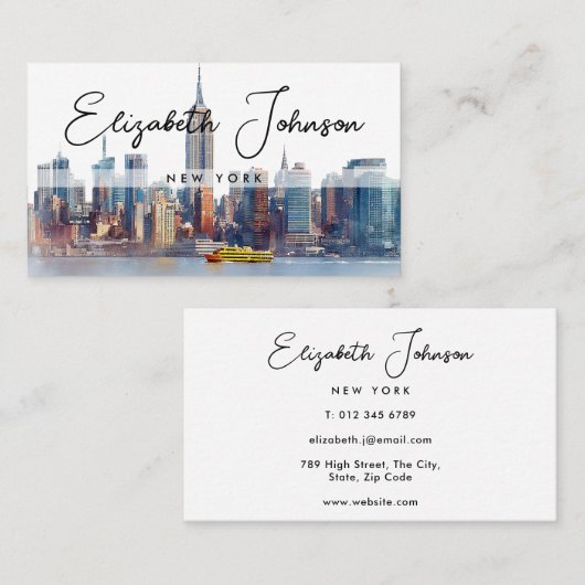 Stylish Elegant Script New York Skyline Visitenkarte (Vorne/Hinten)