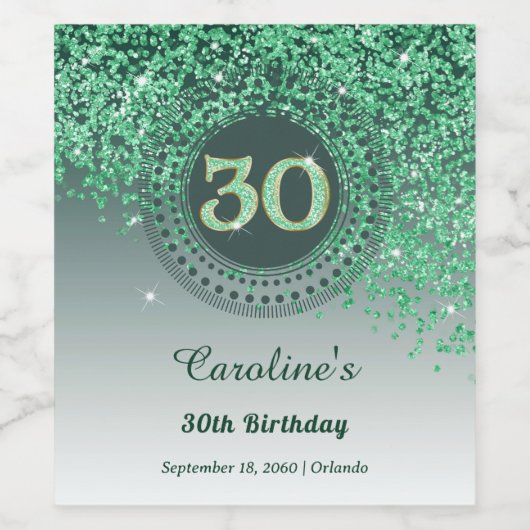 Stylish Falling Green Glitter 30th Birthday Weinetikett (Einzelnes Label)
