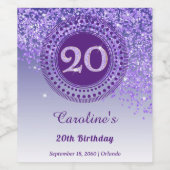 Stylish Falling Purple Glitter 20th Birthday Weinetikett (Einzelnes Label)