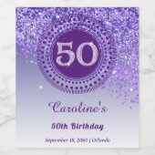 Stylish Falling Purple Glitter 50th Birthday Weinetikett (Einzelnes Label)