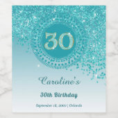 Stylish Falling Teal Blue Glitter 30th Birthday Weinetikett (Einzelnes Label)