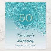 Stylish Falling Teal Blue Glitter 50th Birthday Weinetikett (Einzelnes Label)
