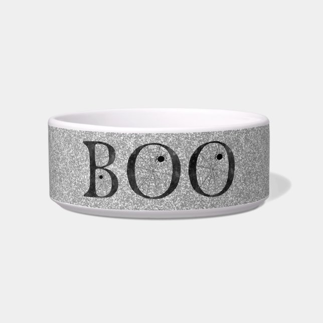 Stylish Faux Silver Glitter Boo Halloween Dog Napf (Vorderseite)