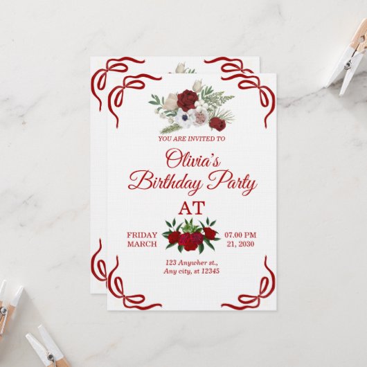 Stylish Floral Birthday Invitation Card Einladung (Vorderseite/Rückseite Beispiel)