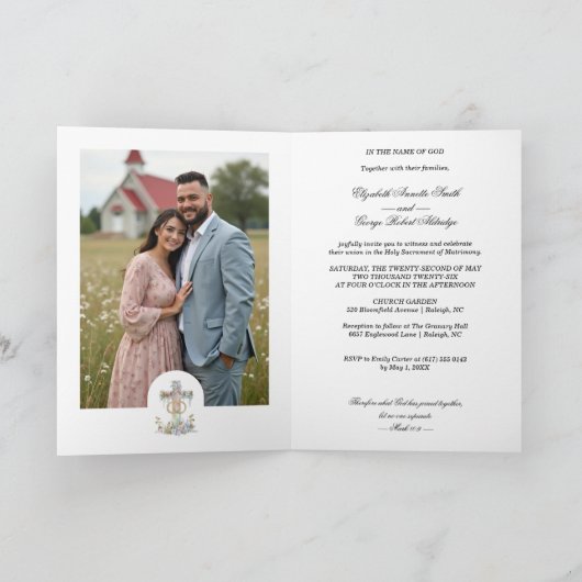 Stylish Floral Cross Wedding Rings Christian Einladung (Innenseite)