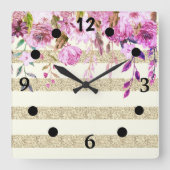 Stylish Floral Gold Striped Quadratische Wanduhr (Vorderseite)