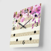 Stylish Floral Gold Striped Quadratische Wanduhr (Winkel)