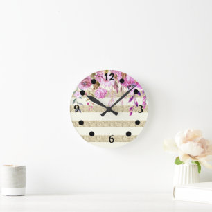 Stylish Floral Gold Striped Runde Wanduhr