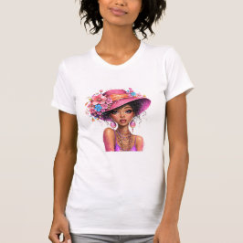Stylish Floral Hat Woman Vibrant Portrait Art T-Shirt