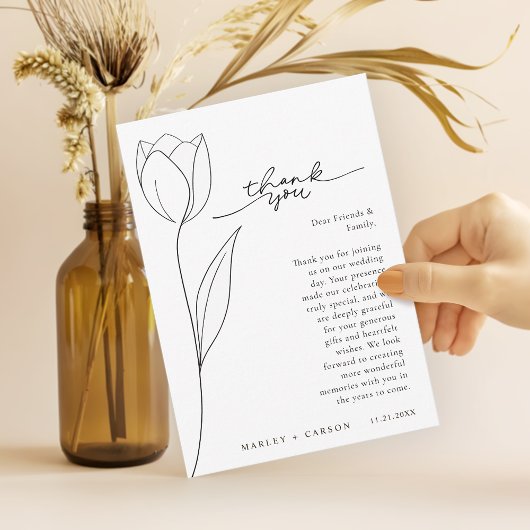 Stylish Flower Line Art Black White Wedding Dankeskarte