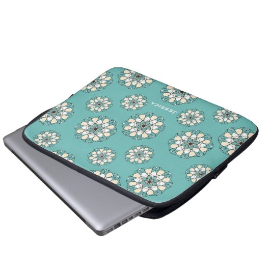Stylish Geometric Aquamarin Floral Mandala Laptopschutzhülle (Vorne Knopf)