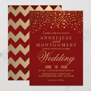 Stylish Gold Confetti Maroon Wedding Einladung