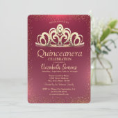 Stylish Gold Confetti Tiara Burgundy Quinceañera Einladung (Stehend Vorderseite)