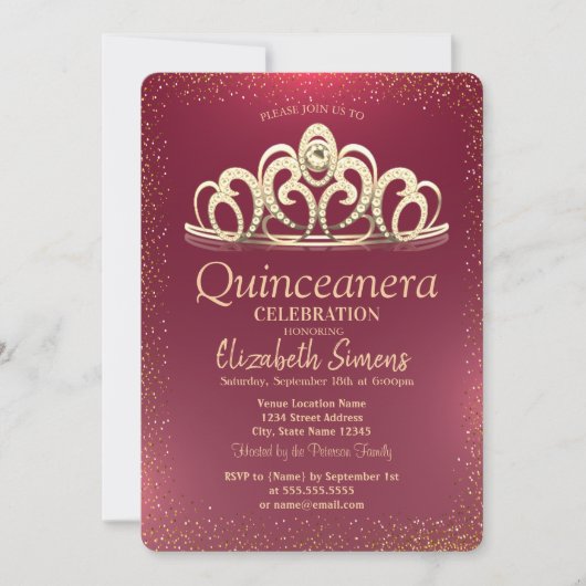 Stylish Gold Confetti Tiara Burgundy Quinceañera Einladung (Vorderseite)