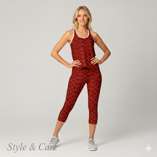 Stylish Gold Geometric Box Design Deep Red Capri Leggings