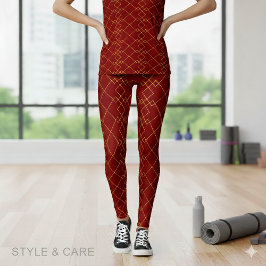 Stylish Gold Geometric Box Design Deep Red Leggings