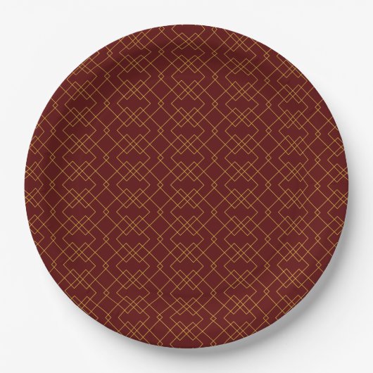 Stylish Gold Geometric Box Design Maroon Round Pappteller (Vorderseite)