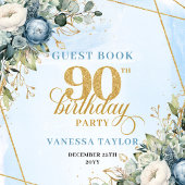 Stylish Gold Glitter Frame Dusty Blue 90 Birthday Gästebuch