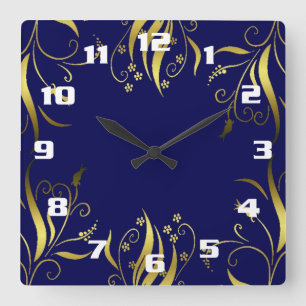 Stylish Golden flowers and blue background Quadratische Wanduhr