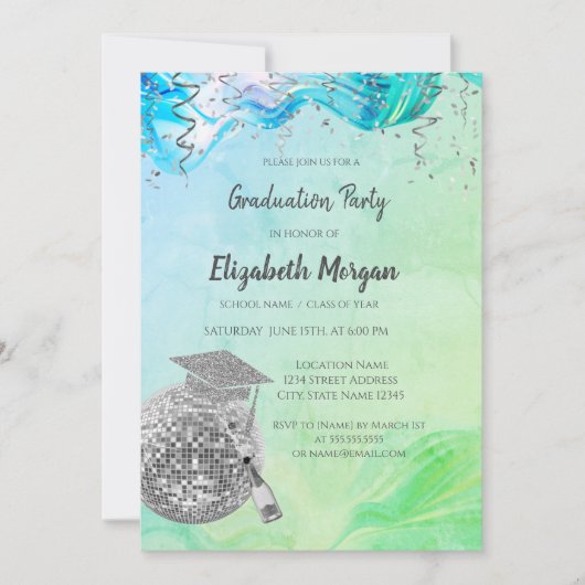Stylish Grad Cap,Disco Ball,Wine Green Abstract Einladung (Vorderseite)