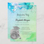 Stylish Grad Cap,Disco Ball,Wine Green Abstract Einladung (Vorne/Hinten)