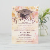 Stylish Graduation Cap 4-Photo Collage Floral Einladung (Stehend Vorderseite)