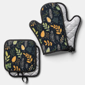 Stylish Green and Yellow Foliage Pattern  Ofenhandschuh & Topflappen-Set (Vorderseite/Rückseite)
