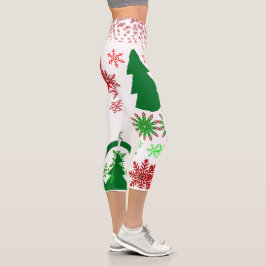 Stylish Green Christmas Tree Red Snowflakes White  Capri Leggings