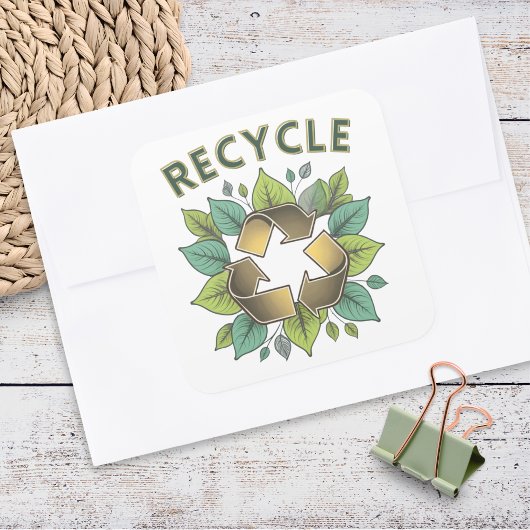 Stylish Green & Faux Gold Recycle Symbol Leaves Quadratischer Aufkleber