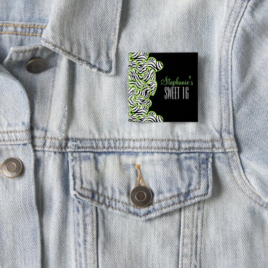 Stylish Green Sweet 16 Zebra Herzdesign Name Button (Beispiel)